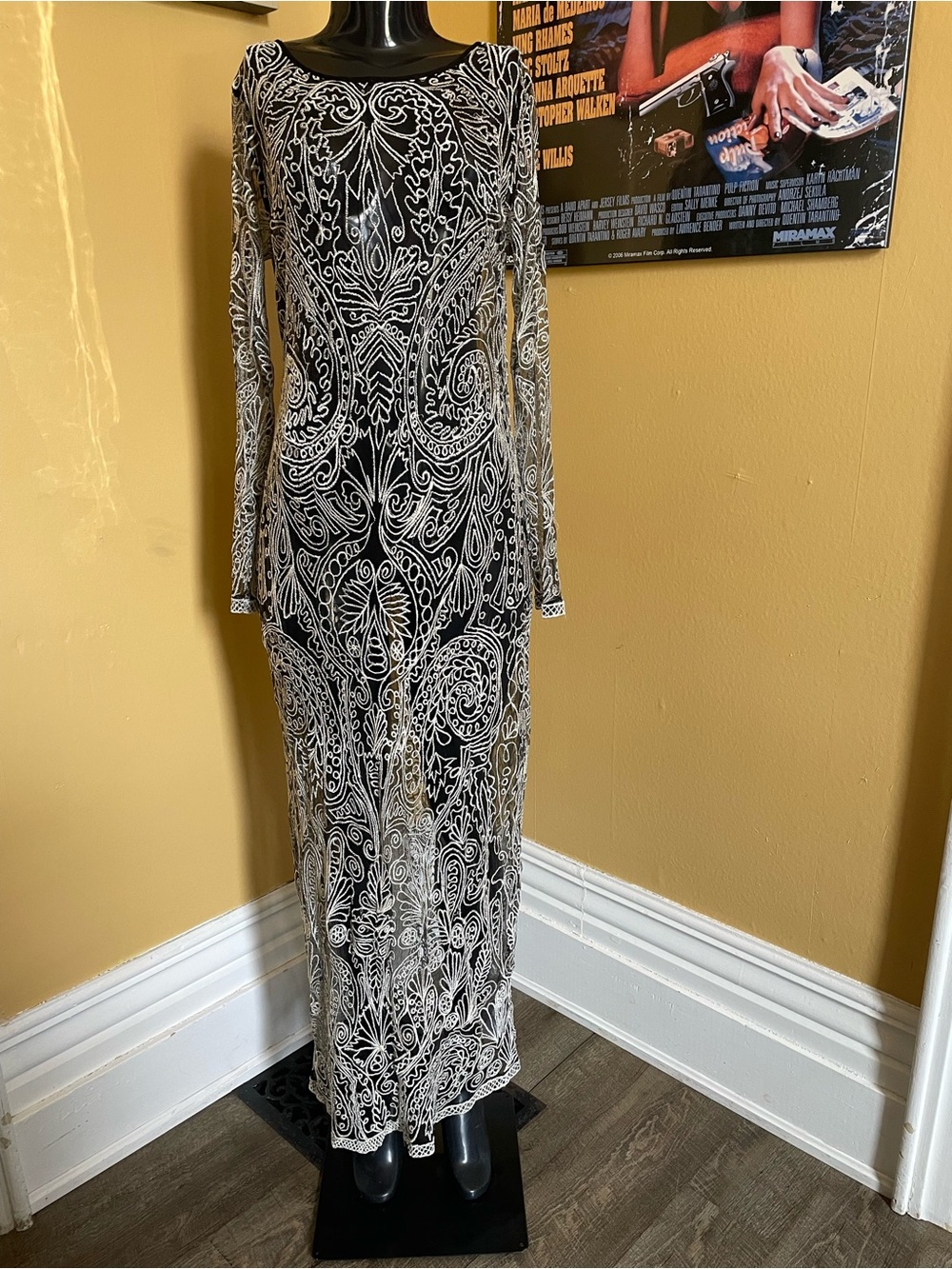 Free People Black and White Long Sleeve Lace Maxi Dress